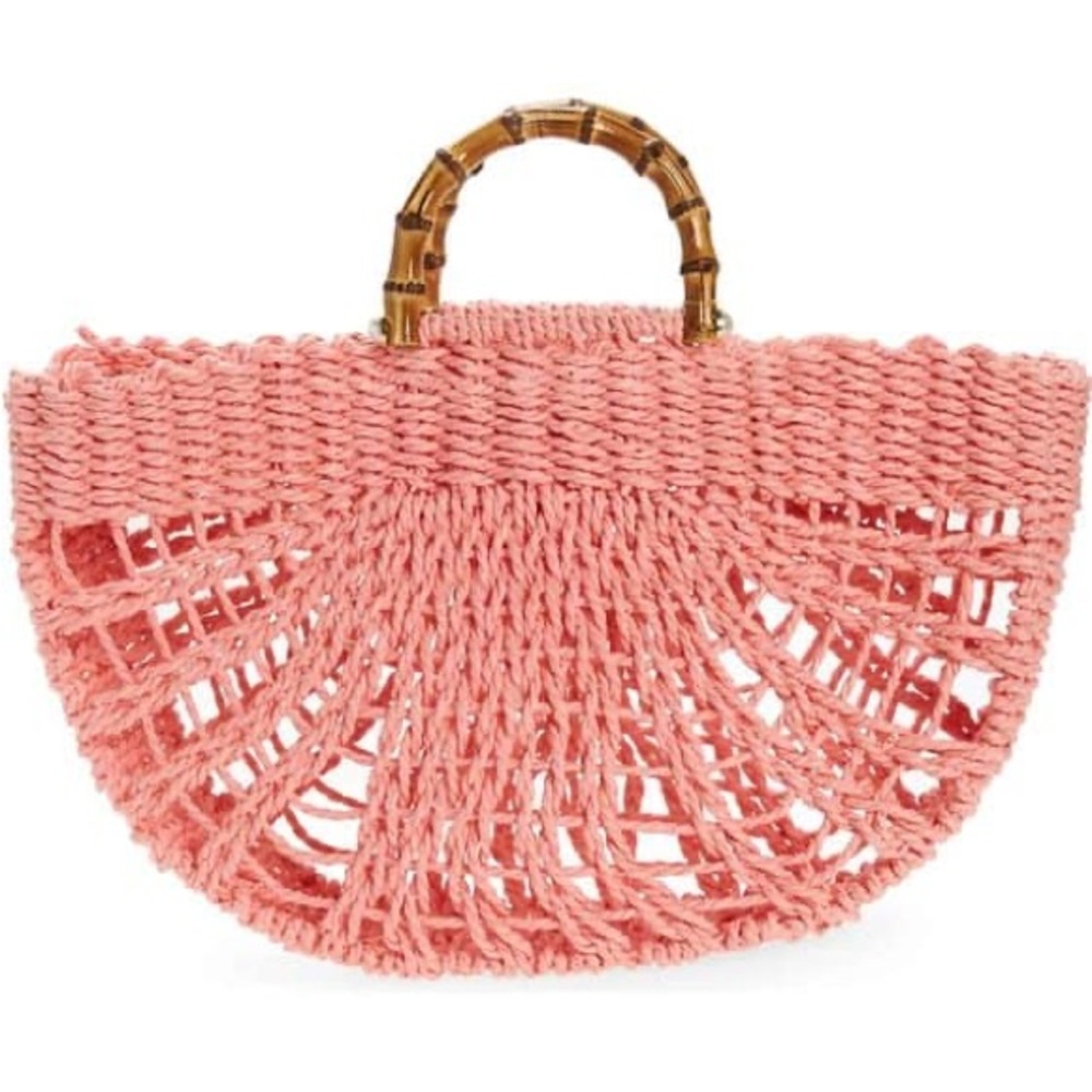 Elegant Coral Woven Tote with Bamboo Handle